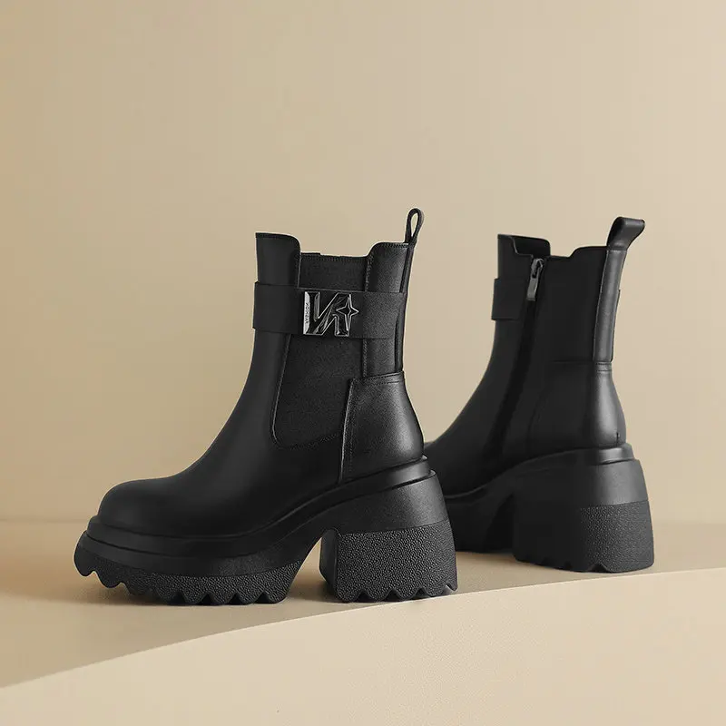 أحذية نسائية على الموضة جديدة لعام 2025 مصنوعة من جلد البقر الطبيعي 100% أحذية تشيلسي ذات نعل سميك أحذية رقص فاسق #4