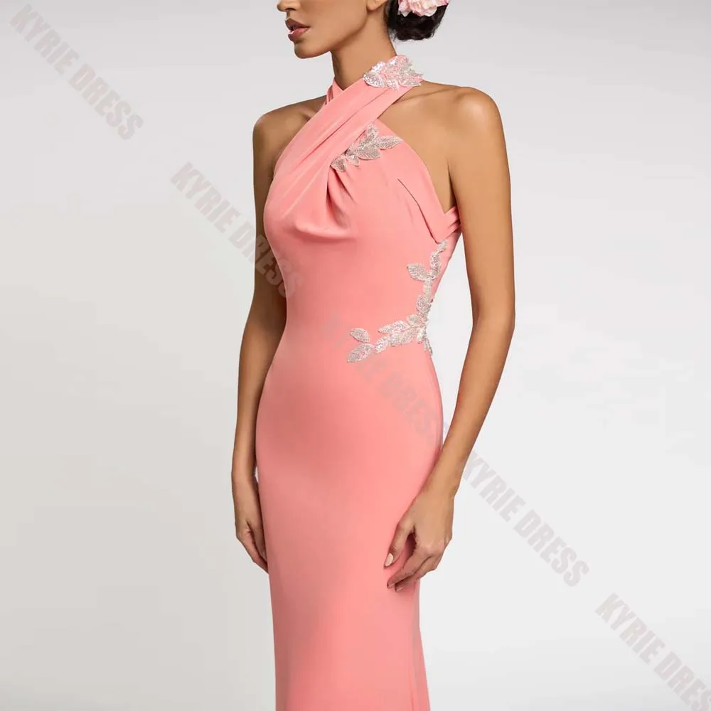 Customized Formal Evening Gown Cross Halter Neck Full Sleeves Beads Applique Women Wedding Guest Floor Length Prom Party Dresses