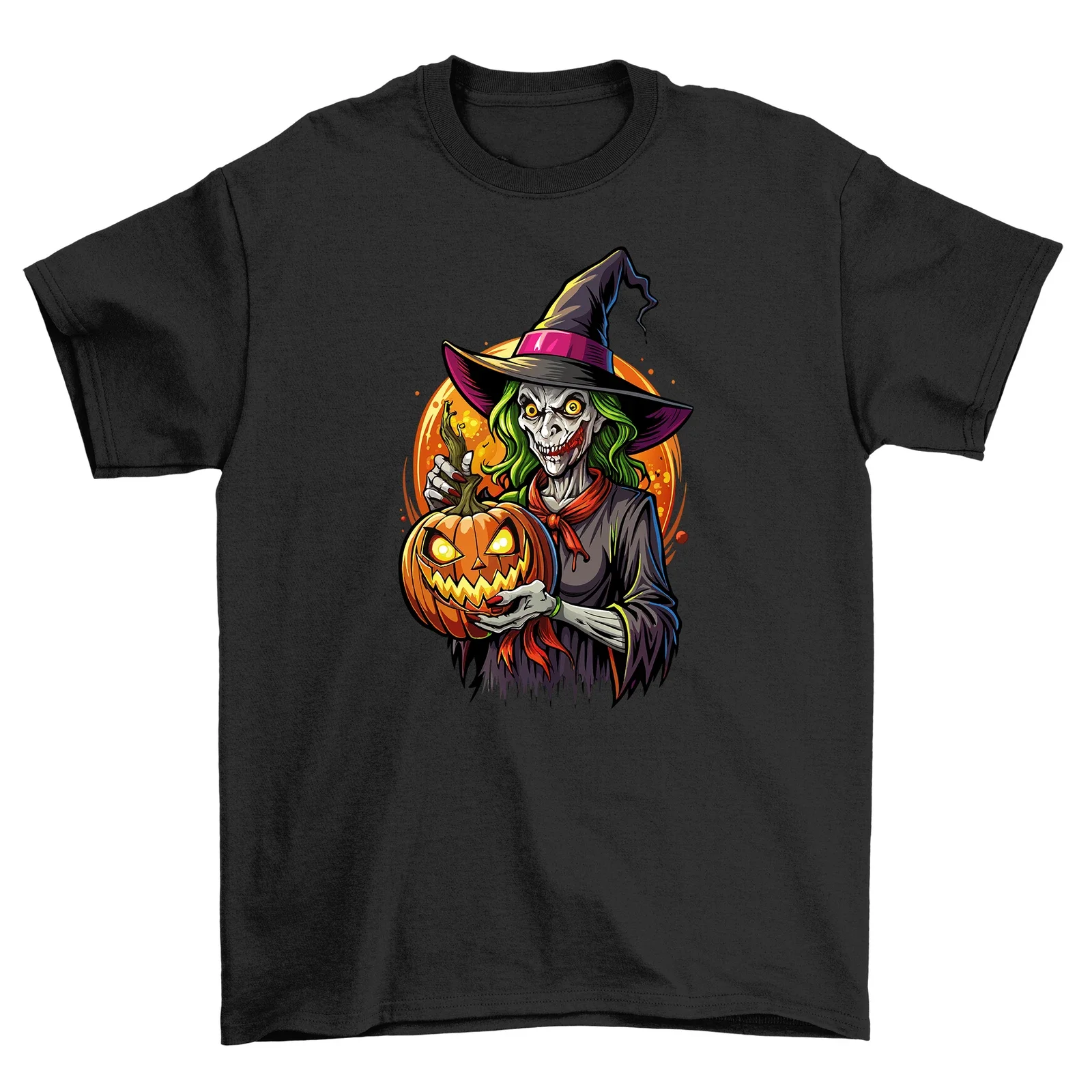 

Cool Witch Pumpkin Halloween Graphic Tee Spooky Crewneck T-shirt Cotton