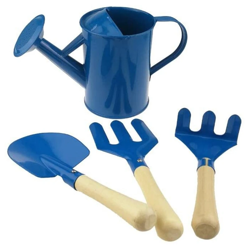 Gardening Tool Set For Kids Children Includes Watering Can Gloves Shovel Rake Fork And Carry Bag Girls Boys Gift (Blue)