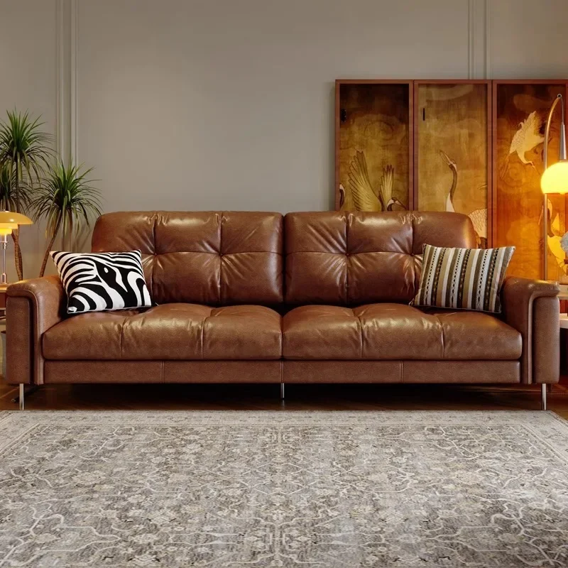 Italian minimalist retro leather sofa medieval style living room straight oil wax top layer cowhide nebula sofa