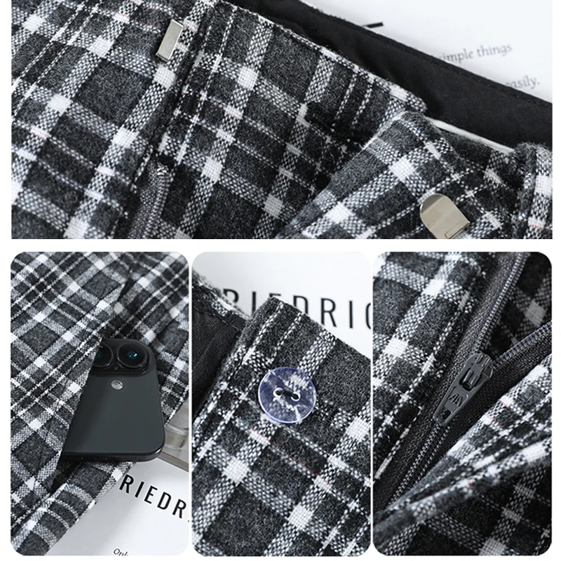 Vintage Plaid Capris Pants Women Autumn Winter Thick Woolen Pants High Waist Wide Leg Fashion Casual Boot Pants Female with Belt