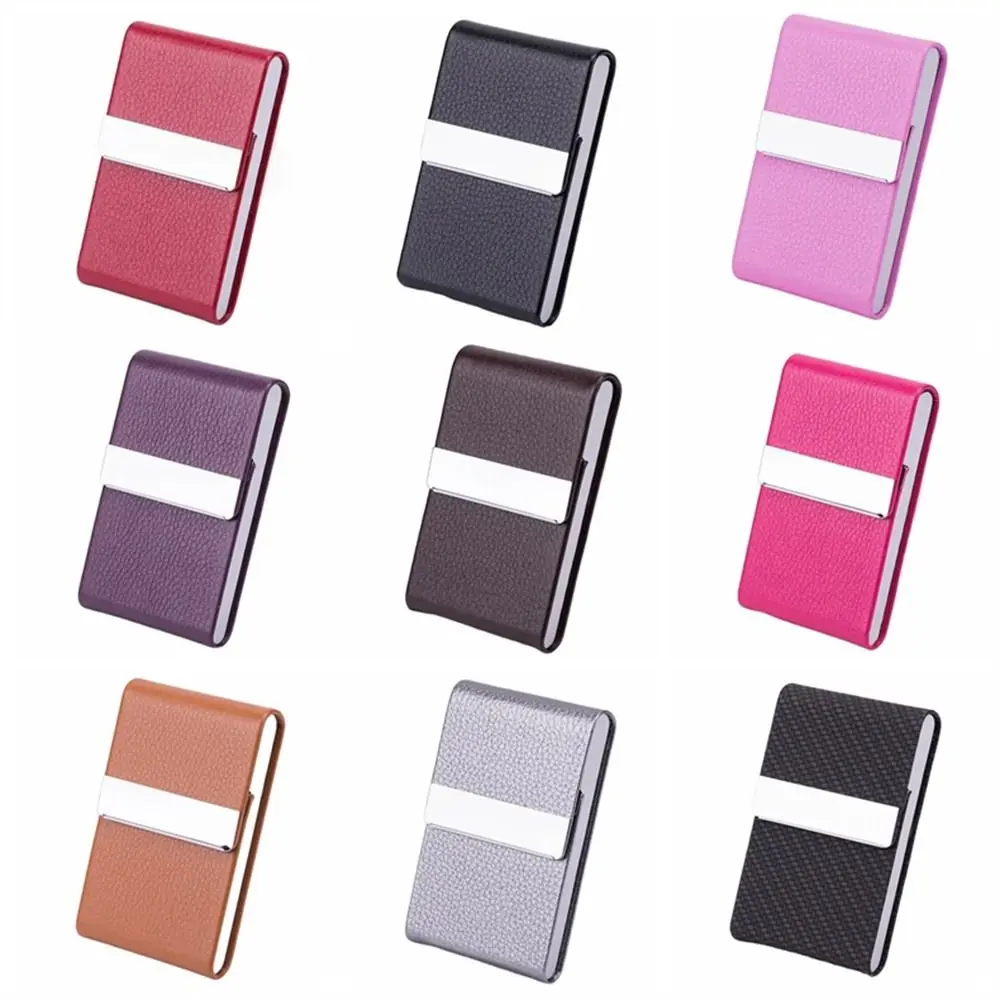 

PU Leather Business Card Case Slim Pocket Fashion Buckle Name Card Holder Metal Stainless Steel ID Case Card Box Women Men