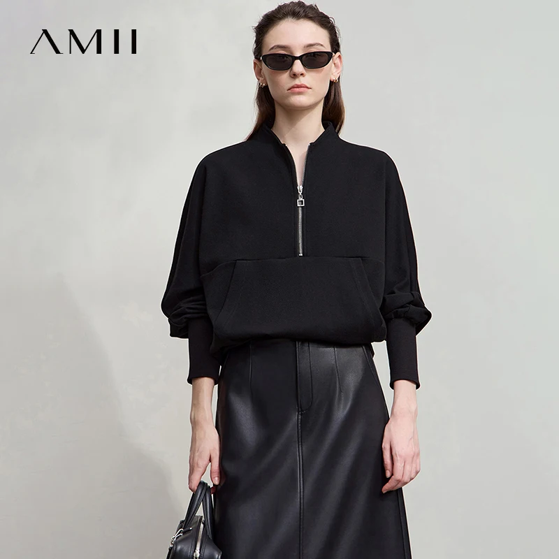 AMII المرأة هوديي عادية القطن فضفاض الوقوف طوق Batwing كم بلوزات للنساء 2025 الخريف كم طويل بلايز 12543116 #3