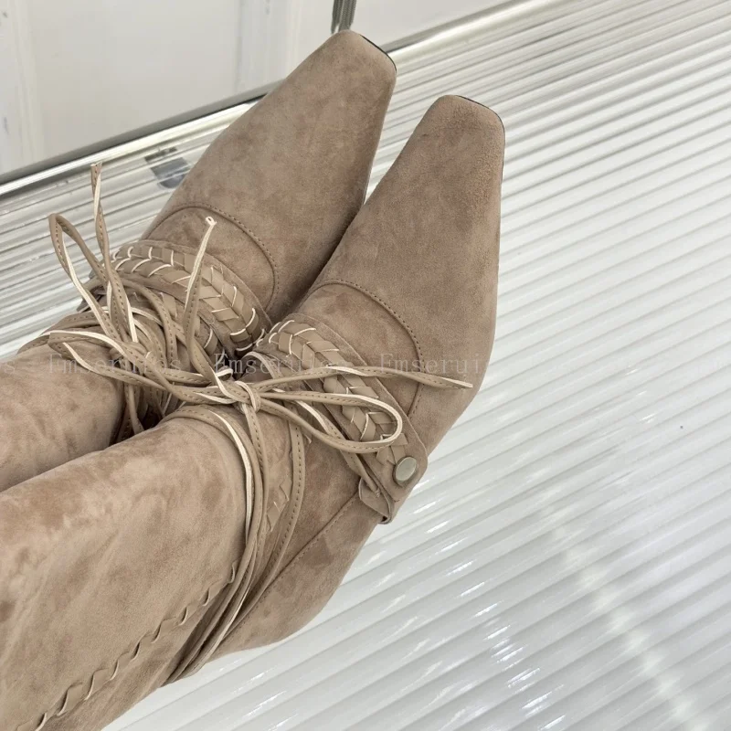 موضة ريترو النساء حذاء من الجلد أشار تو كعب منخفض أحذية بوت قصيرة جلد الغزال مشبك حزام تصميم أنيق جودة الأحذية الغربية #6