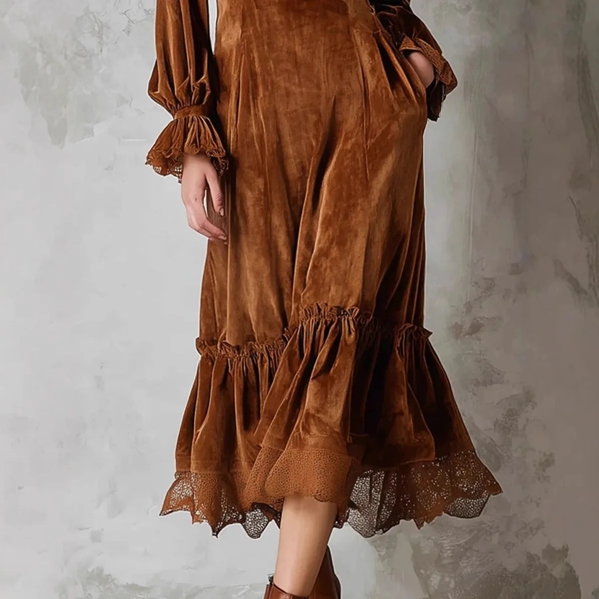 فساتين نسائية 2025 فستان ماكسي عتيق مخملي برقبة على شكل حرف v مكشكش من الدانتيل مقسم بقصة ضيقة للنساء فساتين حفلات أنيقة للخريف والشتاء #3