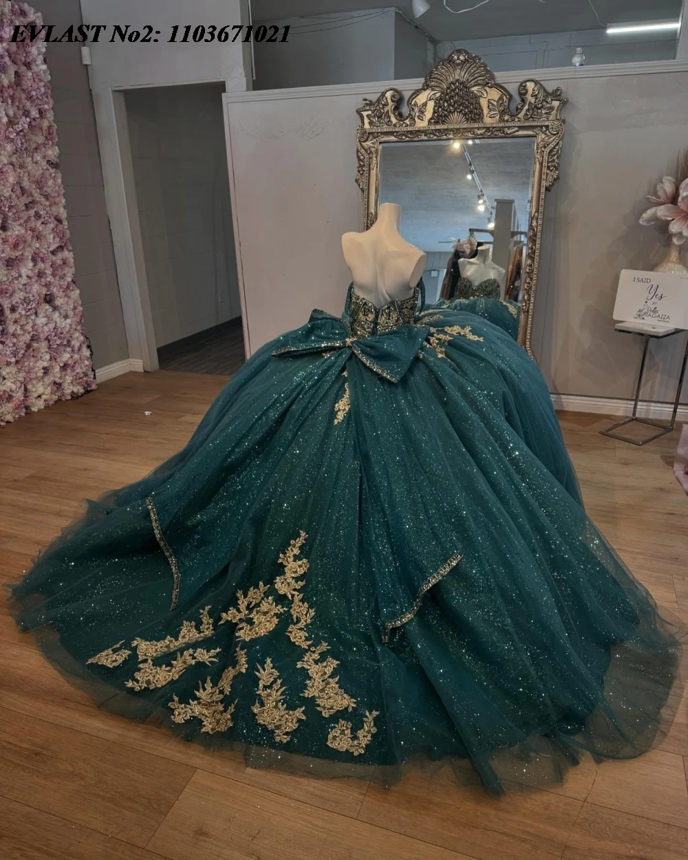 

EVLAST Customized Glitter Dark Green Quinceanera Dress Ball Gown Gold Lace Applique Beaded Sweet 16 Vestidos De 15 Anos SQ796