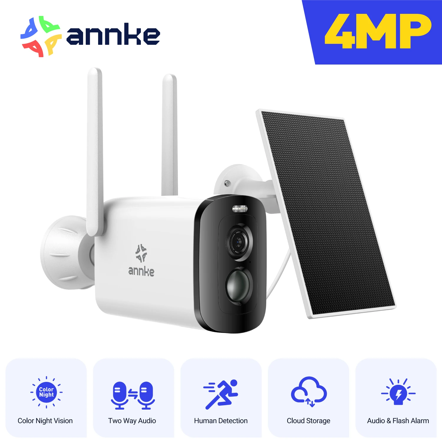 ANNKE 4MP Solar Battery Powered Wireless Security Camera 4MP Color Night Vision 2.4Ghz WiFi PIR Motion Outdoor IP Camera