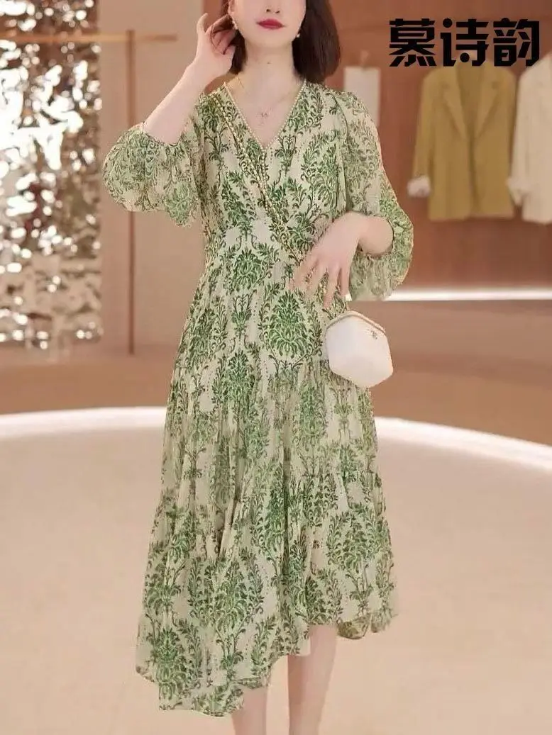 Mingyuan فستان زهري صيفي نمط جديد فانوس الأكمام الخامس الرقبة الخصر cinched لتغطية فستان التخسيس مزاجه البطن