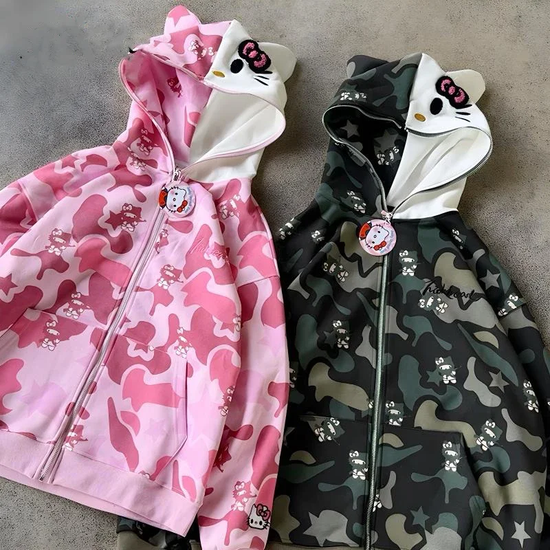 Hello Kitty Camouflage Hoodies Fall Jacket Oversized Sweatshirts Casual Drawstring Zip Up Y2K Hoodie with Pocket Christmas Gift