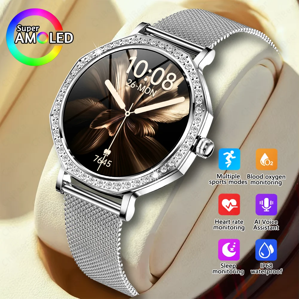 

2025 Новые женские модные Bluetooth-умные часы, женские AMOLED HD, спортивный трекер, монитор сердечного ритма и оксиметрии, умные часы для здоровья