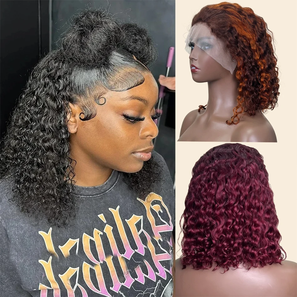 

Curly Short Bob Wigs 13x4 Lace Frontal Human Hair Wigs Water Wave P4/27 P4/350 Highlight Wig For Women 99J Burgundy Colored Hair