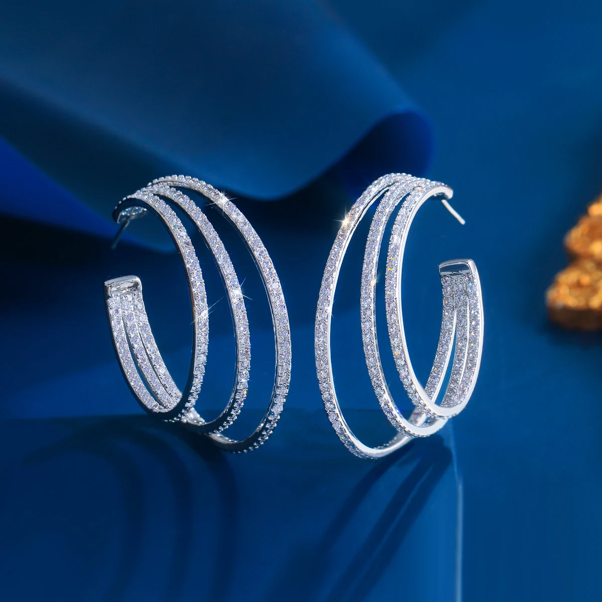 CWWZircons 3 Circle Bling Cubic Zirconia Pave Luxury Yellow Gold Color Big Round Geometric Triple Hoop Earrings for Women CZ581