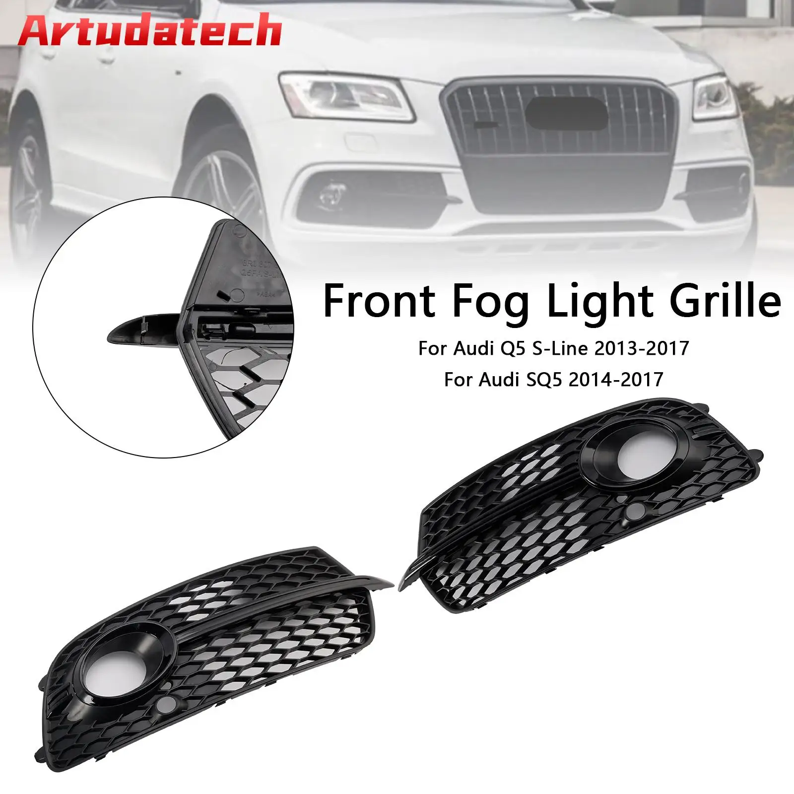 

Artudatech Front Bumper Fog Light Grill Grille Fit Audi Q5 S-Line SQ5 2013-2017 Black Car Accessories 2014 2015 2016