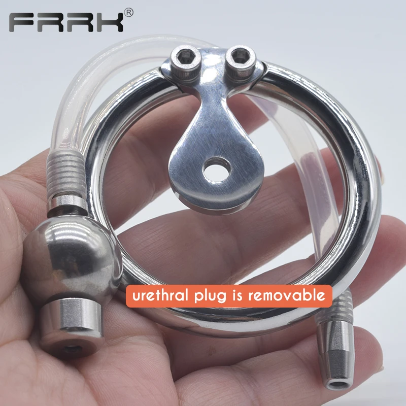 FRRK Flat Pad Convertible Inverted Male Chastity Cage with Metal Solid Ball Urethral Penis Plug Cock Rings Orgasm Denial Sex Toy