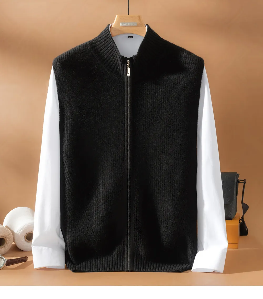 Half-high collar 100% pure cashmere sweater vest Men's winter knitted sleeveless sweater with waistcoat stand collar cardigan view 4