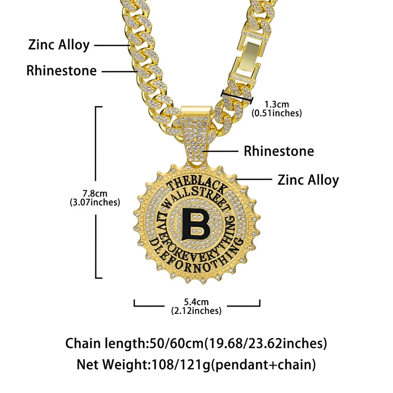 Hip Hop Round B Letter Pendant Necklace Men Gold Sliver Color Ice Out Crystal Sign Rock Pendant Rapper Bling Jewerly