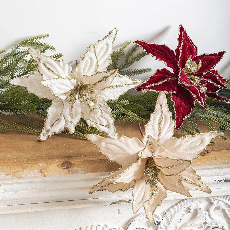 New Christmas Flower Red White Glitter Poinsettia Flowers Christmas Tree Artificial Flower 2025 New Year Party Decoration