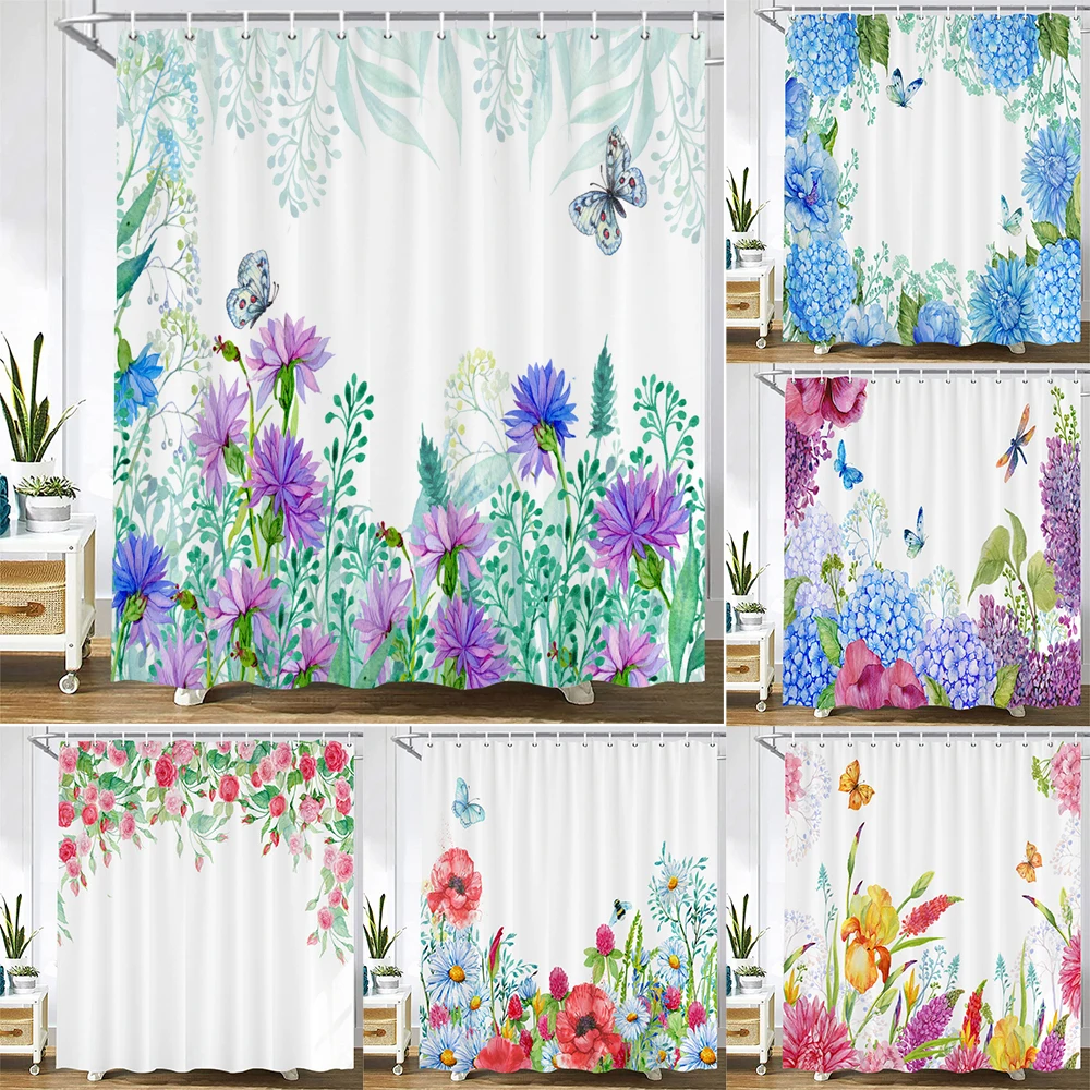 

Colorful Flowers Shower Curtain Bathing Partition Curtain leaves Bathroom Curtain Polyester Waterproof Bath Curtain With Hooks