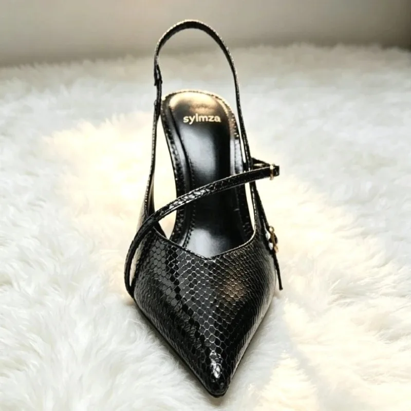 Sexy Pointed Toe Textured Leather High Heels Ladies Elegant Slingback Women Pumps Side Strap Buckle Design Office Formal Shoes