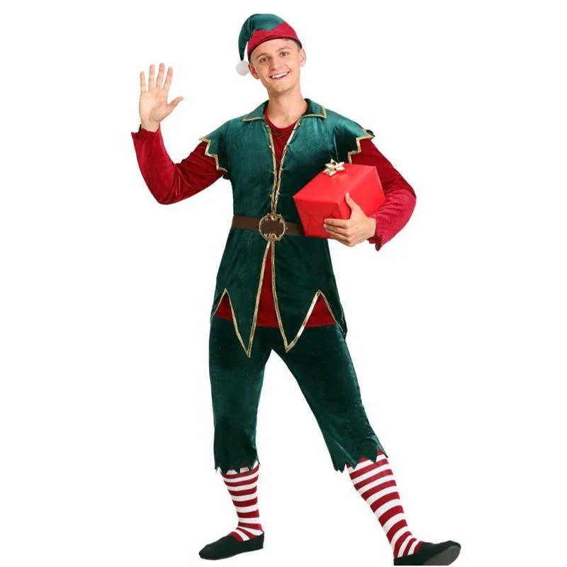 Men And Women Couple Party Green Elf Costume Christmas Costume Set Men And Women Santa Helper Cosplay