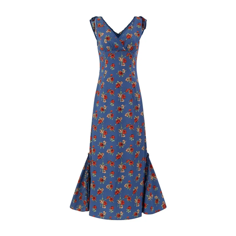 KEYANKETIAN Estate delle nuove donne stampa floreale senza maniche abiti MIDI vacanza vento sottile fiocco con scollo a V agarico patchwork abito a coda di pesce