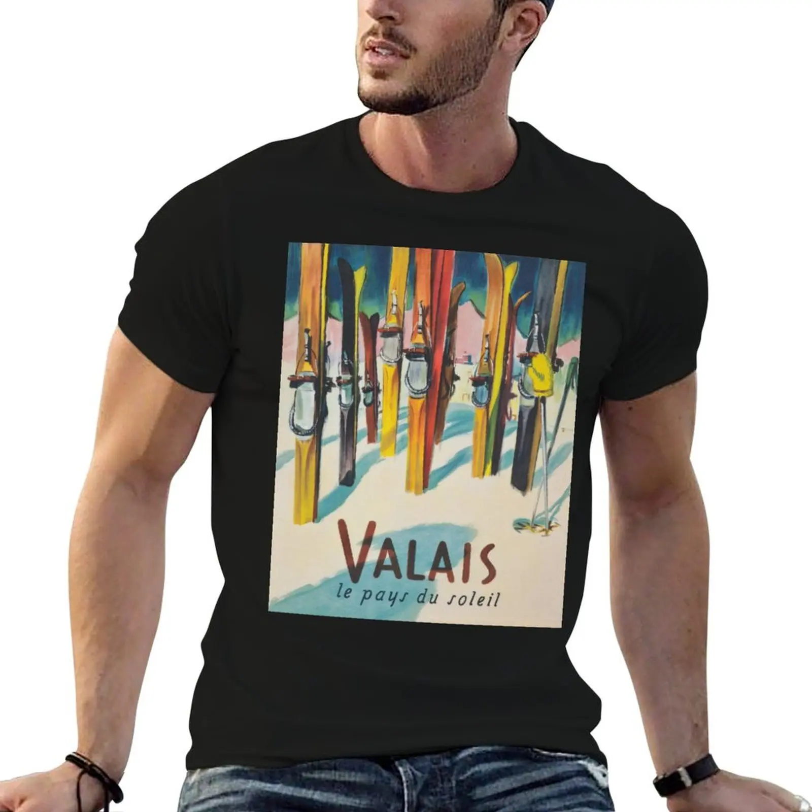 Valais, Switzerland Vintage Ski Travel Poster T-Shirt quick drying Aesthetic clothing shirts graphic tee t shirt men 100℅ cotton