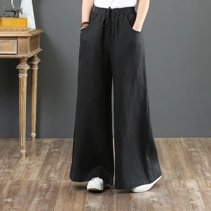 Loose Wide-leg Lady Pants Mid-rise Straight-leg Long Pants Girls Spring Summer Linen Women's Daily Pants Drawstring Solid Color