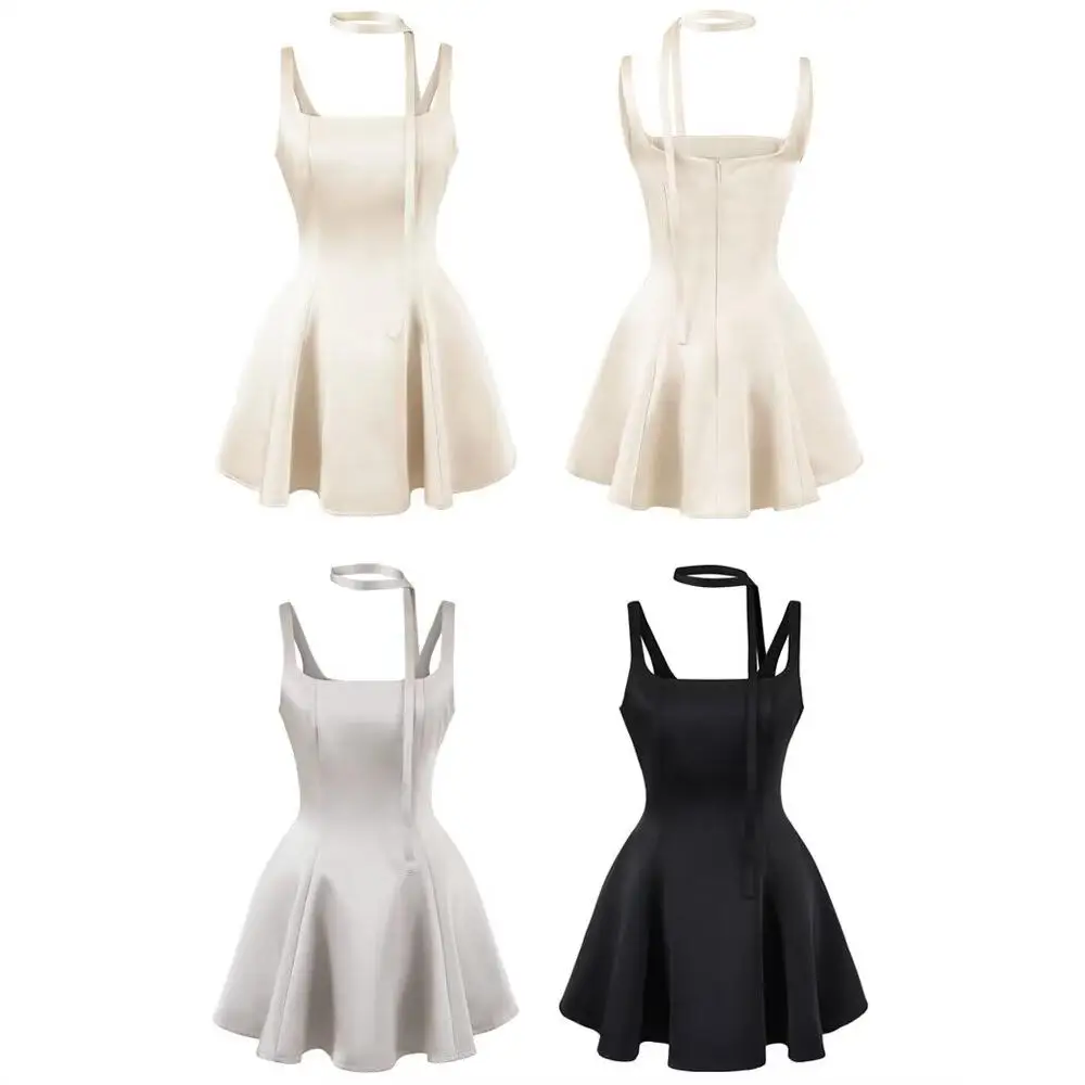 Francuska Sukienka A-Line z Wysokim Stanem, Wyszczuplająca, Satynowa, Letnia, Prosta