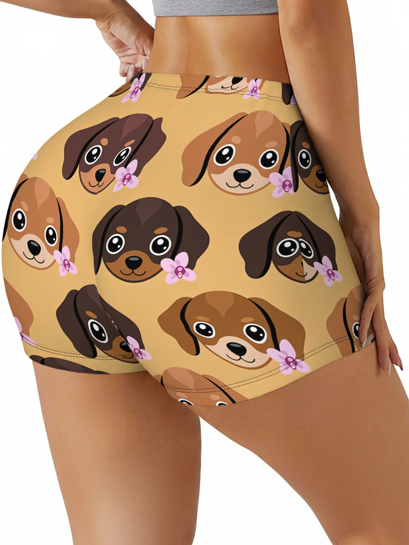 1pc Cute Cartoon Dog Pattern Women's Casual Sports Underwear, Solid Light Brown Background with Dogs Having Large Expressive Eye