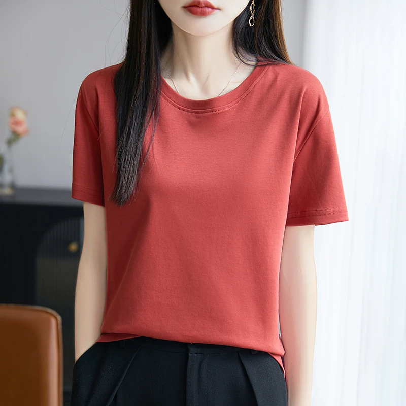 

High-End Cotton Short-Sleeved T-Shirt Women's Round Neck Summer New Half Sleeve Loose Large Size Mercerized Cotton Shirt T-shirt