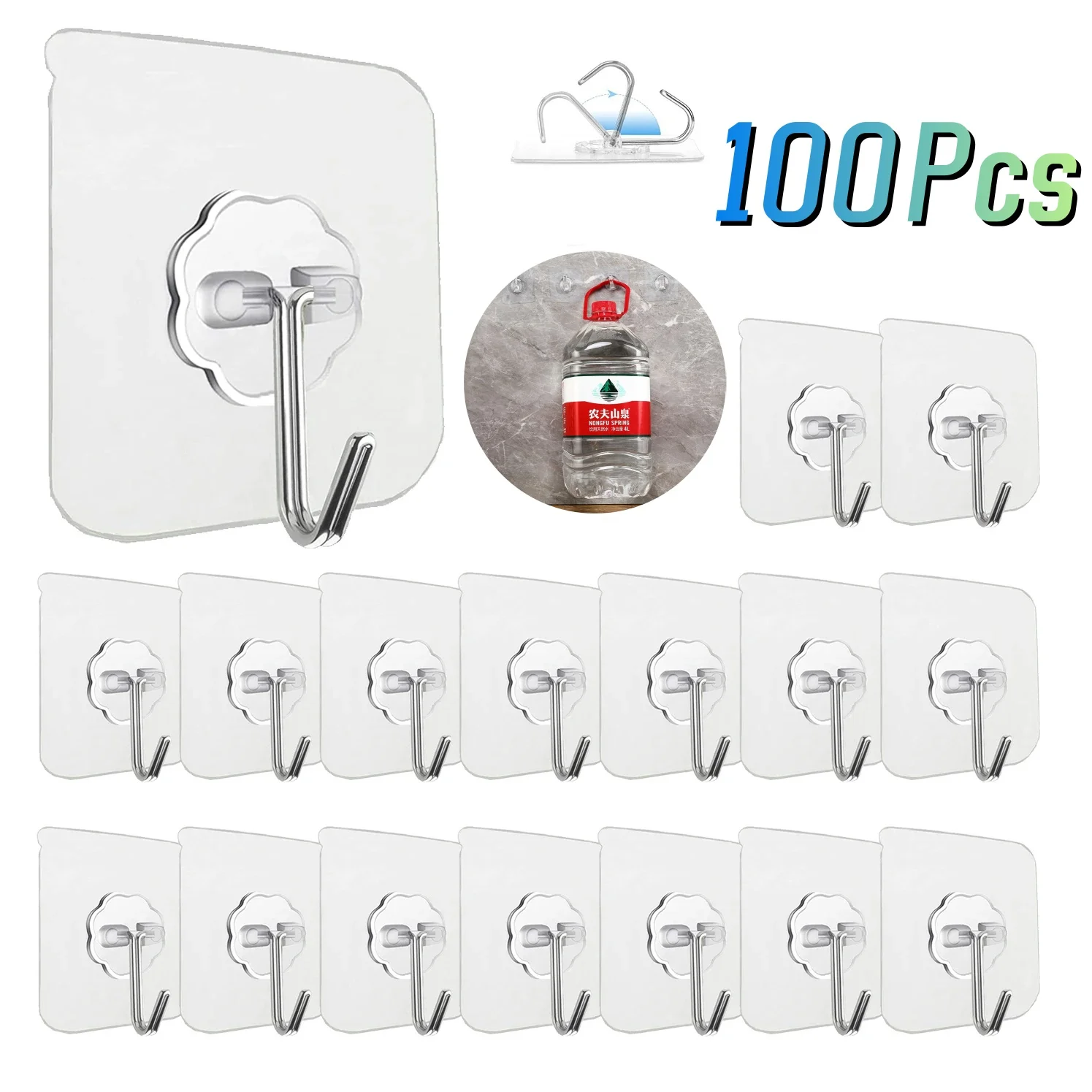 Tansi  Transparent 100PCS Stainless Steel Self-Adhesive Hooks Bathroom Towel Clothes Storage Sticker Hooks Key Hangers Storage