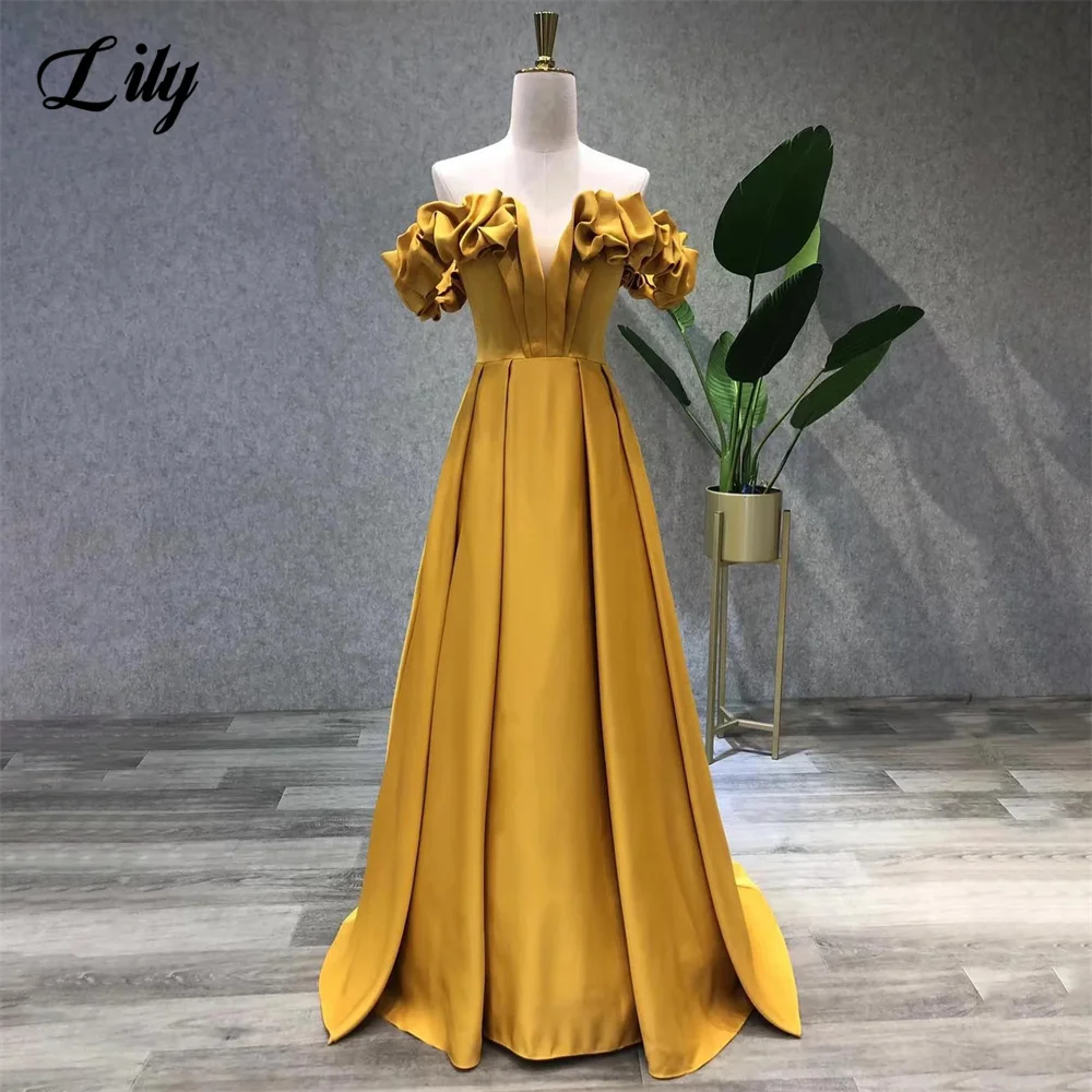 

Lily Yellow Stain Special Occasion Dresses Ruched Off The Shoulder Formal Gown V Neck Long Evening Dresses vestidos de fiesta