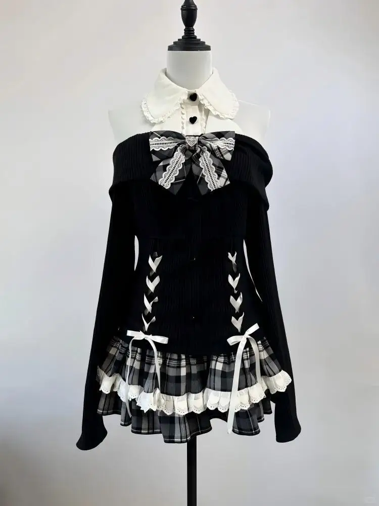 かわいい日本の秋のセーター + ショートスカート ツーピース スラッシュネック ニット ジャンパー Y2K ヴィンテージ サブカルチャー パンク ガール服