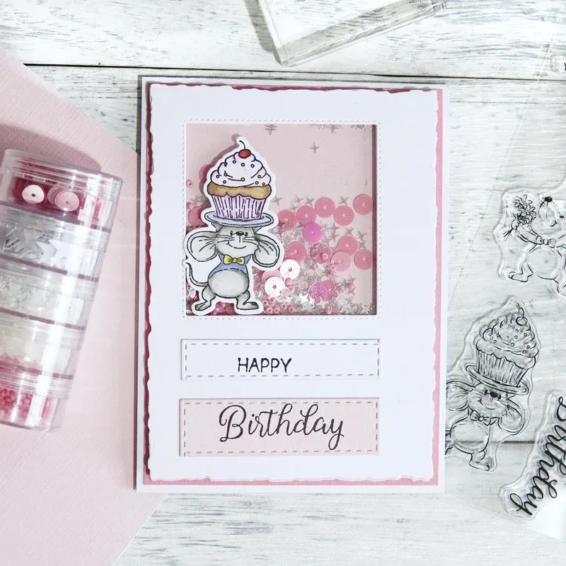 Adorable Mouse And Cake Metal Cutting Dies Clear Stamp Happy Birthday Scrapbooking Decor DIY Cut Dies