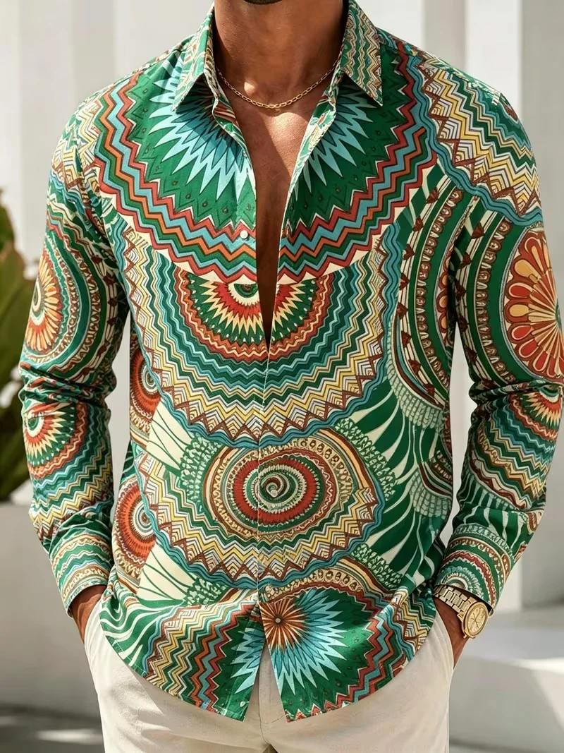 New Men's Pink Lion Baroque Curly Grass Symmetrical Printed Long Sleeve Shirt Smooth High Gloss Satin Collar Top