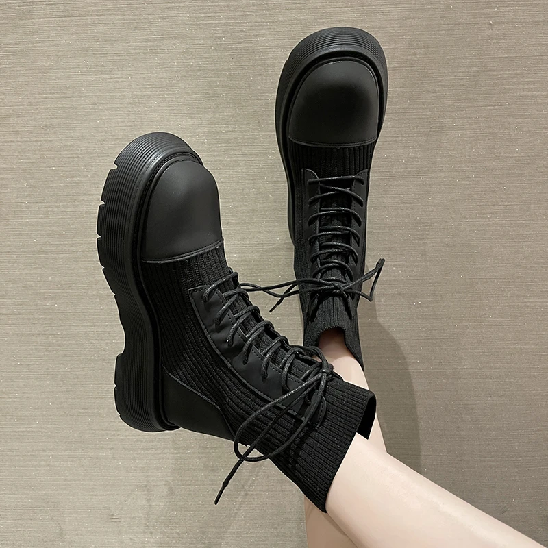 Boots Woman 2024 New Ladies Casual Stretch Fabric Socks Boots Fashion Cross-tied Women Shoes Platform Boots Gothic Fall and Wint