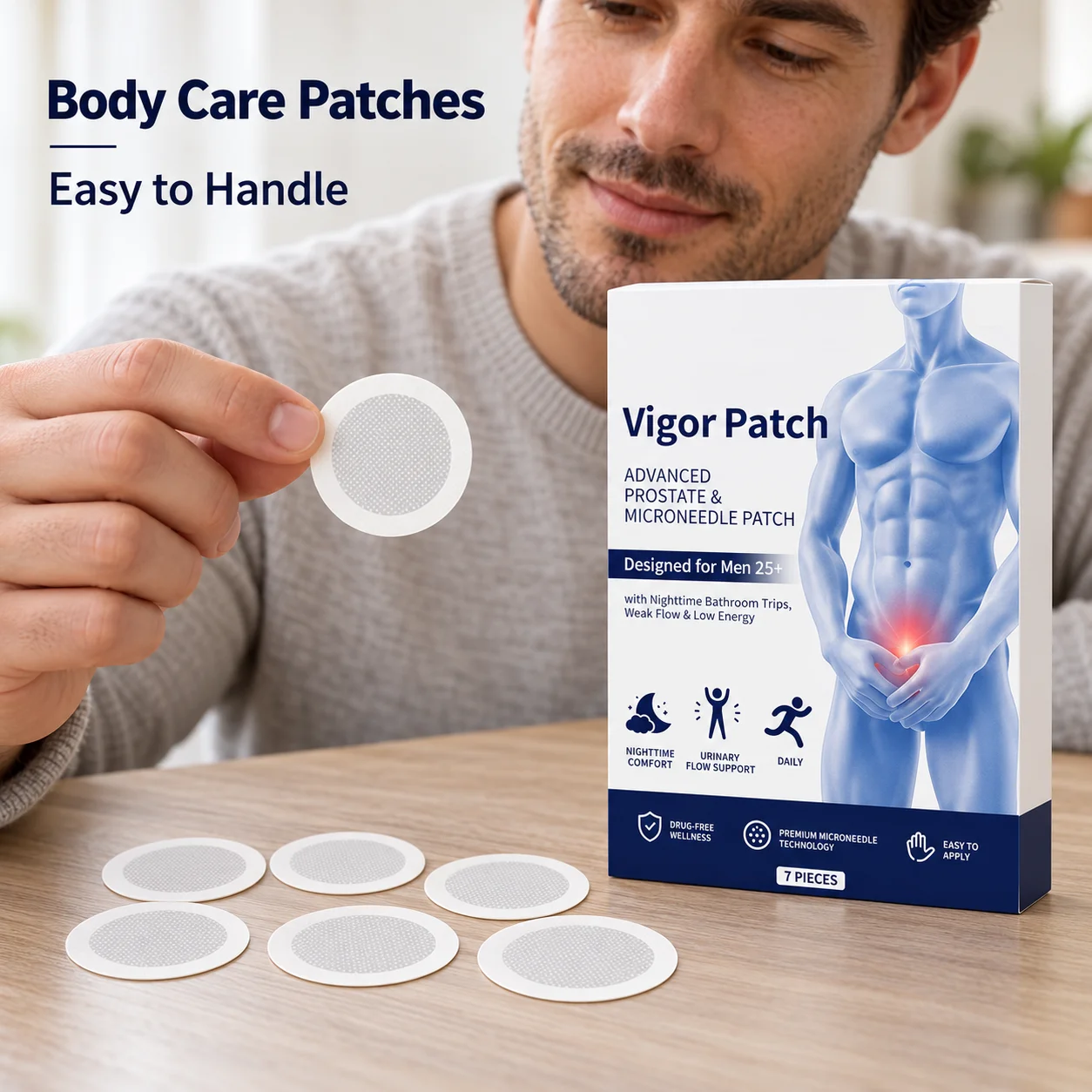 Microneedle Body Patches For Men In A Box Of Seven With A Gentle Moisturizing Formula And Round Shape For Comfortable Skin Care