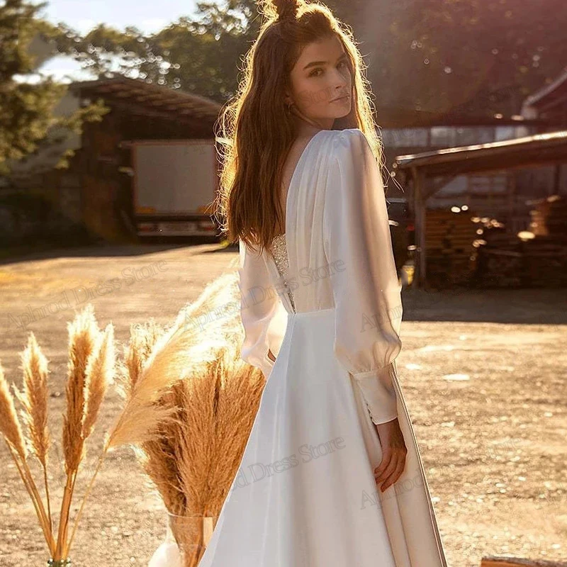 Vestidos De Novia Vintage De línea a, apliques De lentejuelas, mangas largas abullonadas, satén, bonito y glamuroso