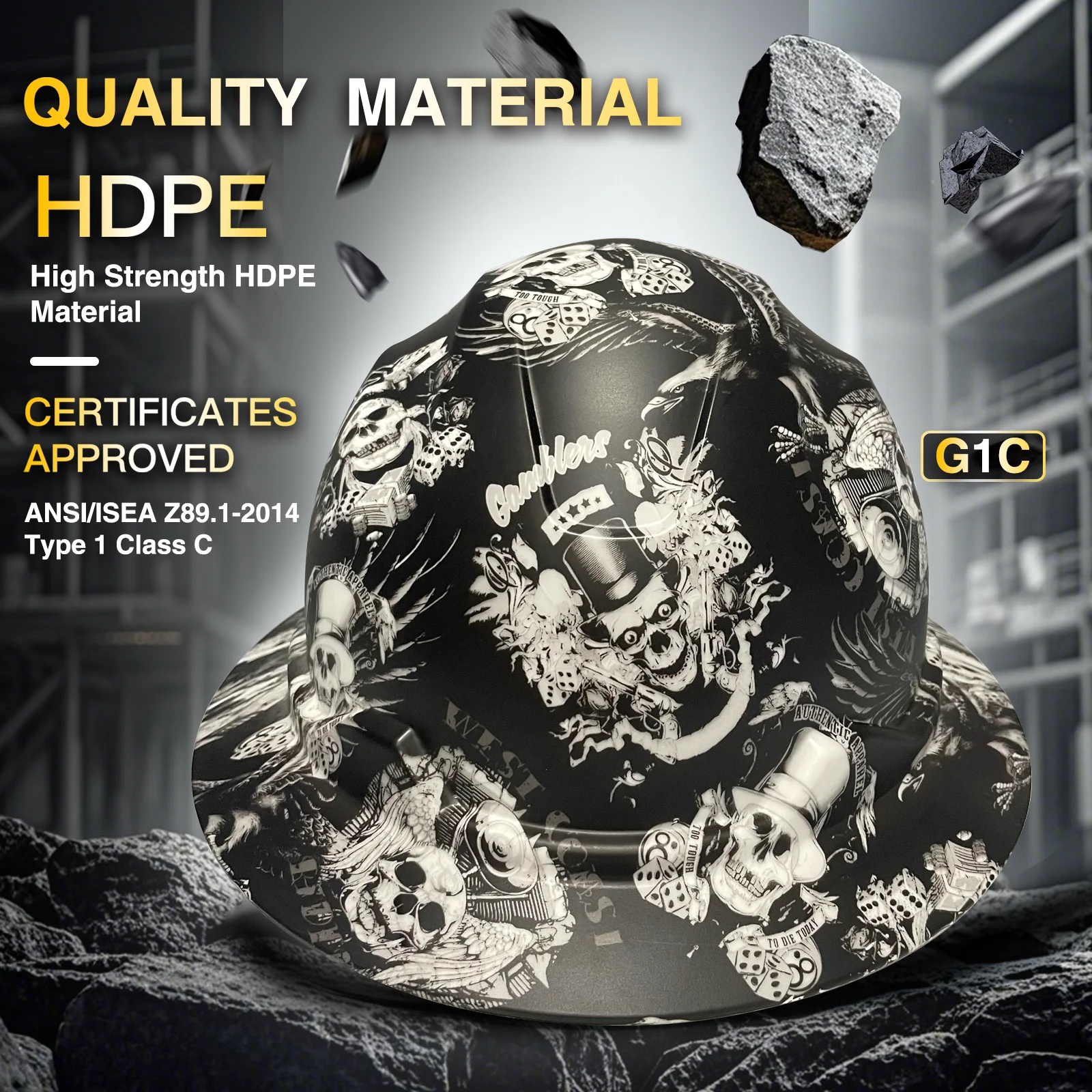 หมวกนิรภัยปีกกว้างสำหรับวิศวกร หมวกก่อสร้างสำหรับผู้ชาย ได้รับมาตรฐาน CE หมวกนิรภัยแข็ง ลายคาร์บอนไฟเบอร์กันแดด