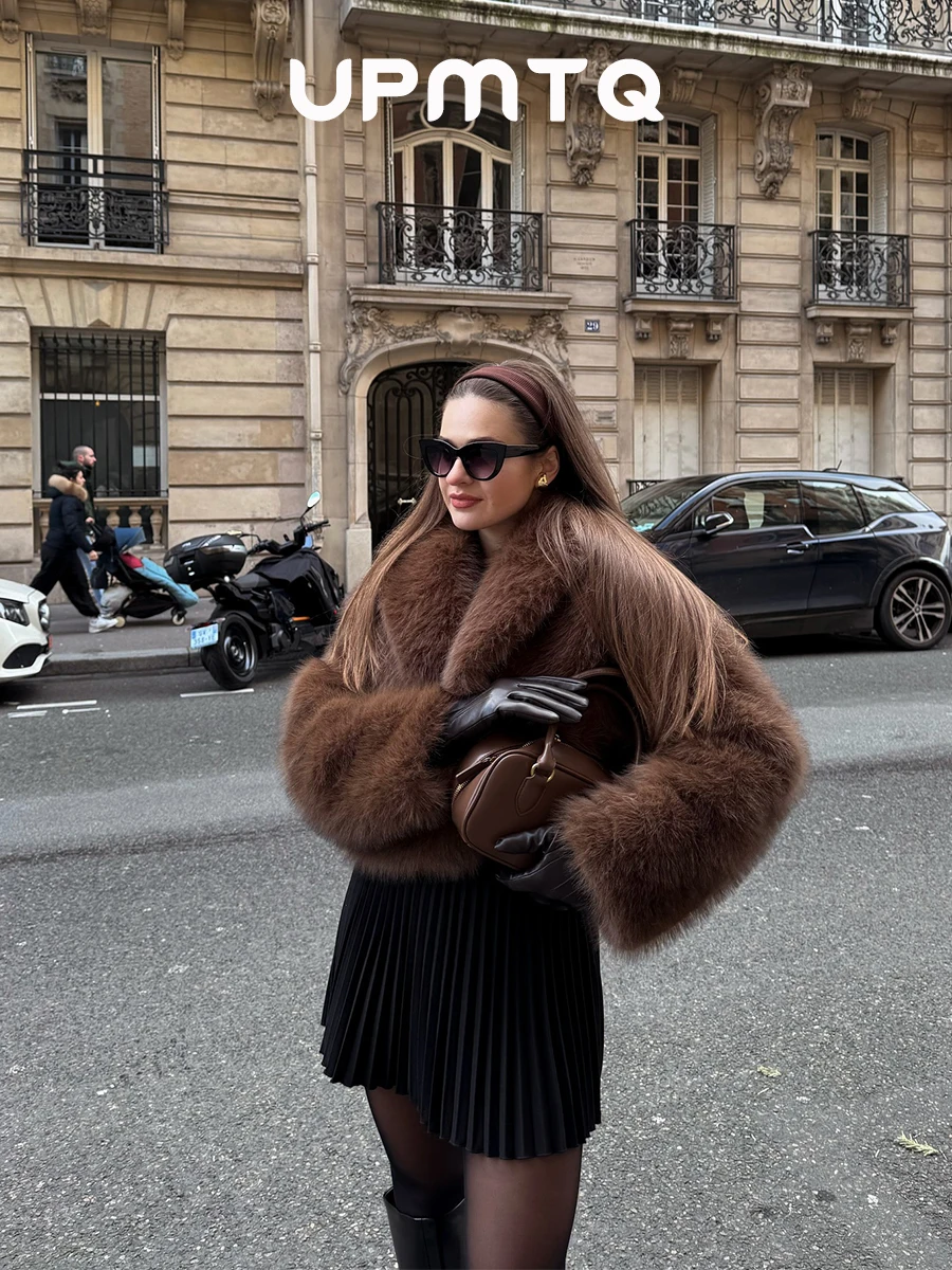 Fashion Cozy Iconic Fluffy Faux Fox Fur Coat for Women Big Collar Parka Outwear Brown Fall Season Warm Furry Plush Jacket