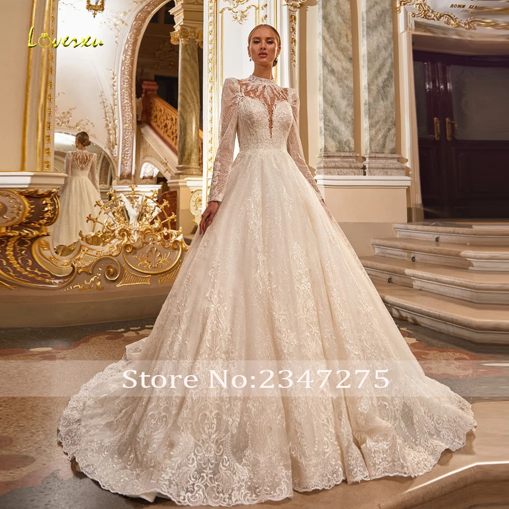 Suknie ślubne Loverxu w kształcie litery A, eleganckie, z wysokim dekoltem, długim rękawem, Vestido De Novia, koronkowe aplikacje, brokat, szyte na miarę suknie ślubne.