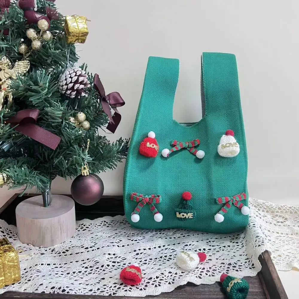 Knitted Tote Bag Christmas Holiday Gift Pouch New Year Creative Candy Apple Handbag Fashion Soft Elastic Trendy Purse