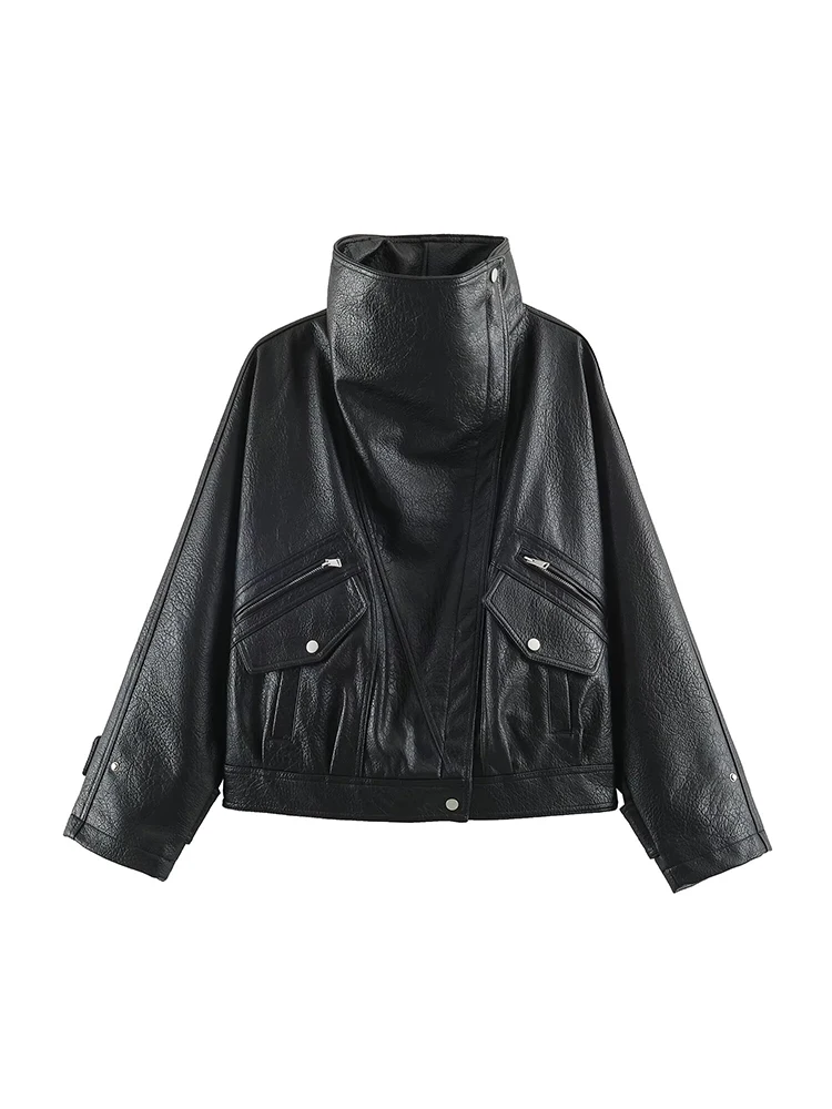 Fall Winter Women's Faux Leather Jacket Asymmetrical Stand Collar Loose Lady Zip Up Loose Fit PU Coat Long Sleeve Bomber Outwear