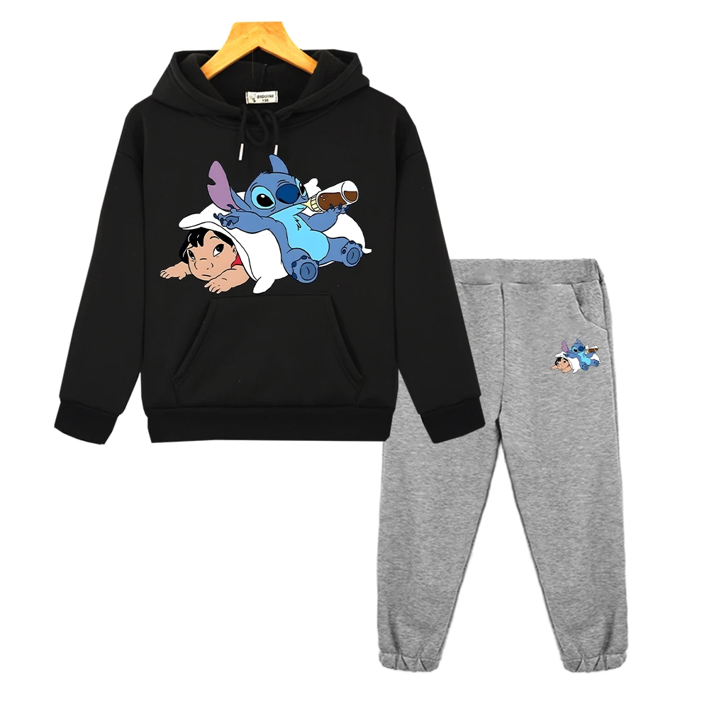 Stitch print Anime hoodie Fleece sweatshirt Cartoon pullover Disney 2pcs Jacket+pants boy girl Hooded Sets kids boutique clothes