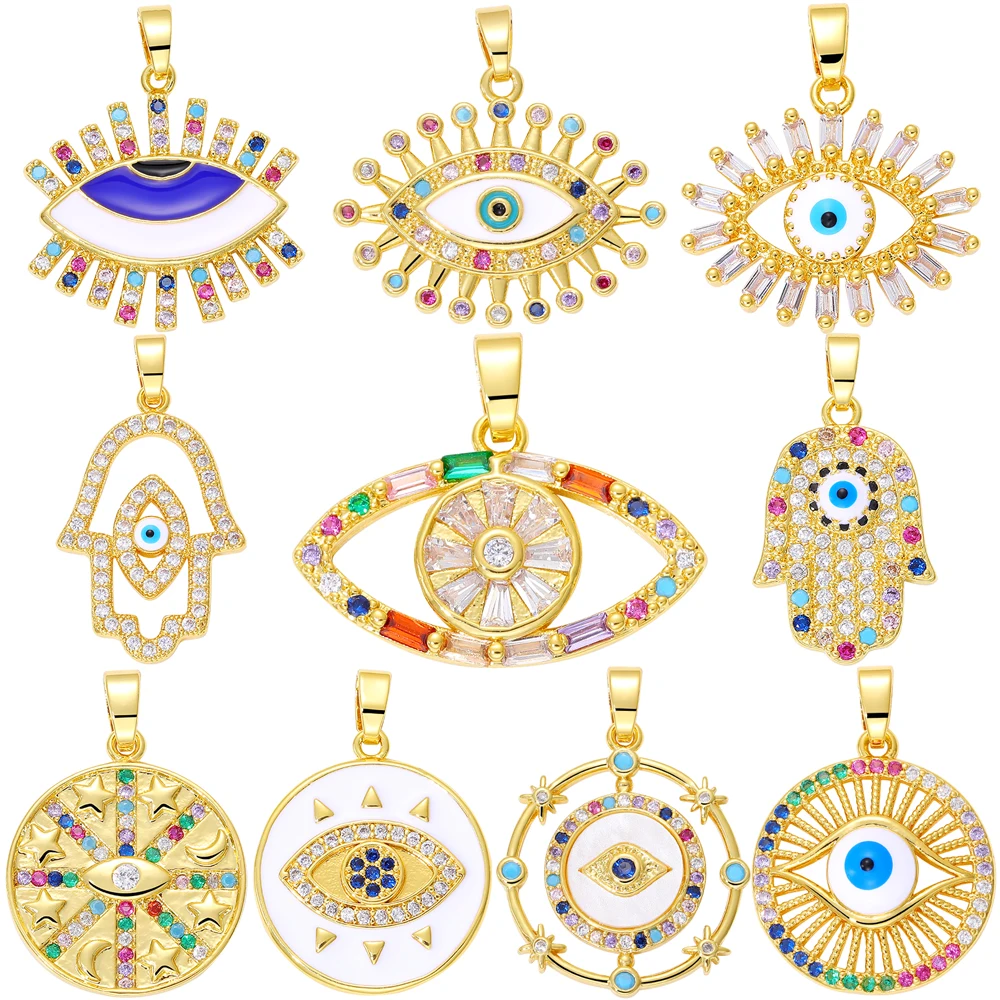 Juya DIY 18K Real Gold Plated Lucky Turkish Eye Pendant Supplies Handmade Cubic Zirconia Decorative Enamel Greek Evil Eye Charms