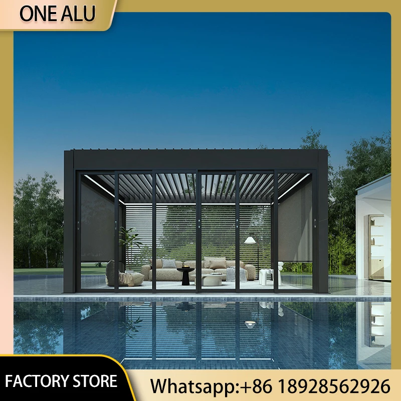Bioclimatic Pergola with Motorized Louvered Roof，Aluminum Gazebo for Villa Backyard Patio,Smart Electric Adjustable Blades