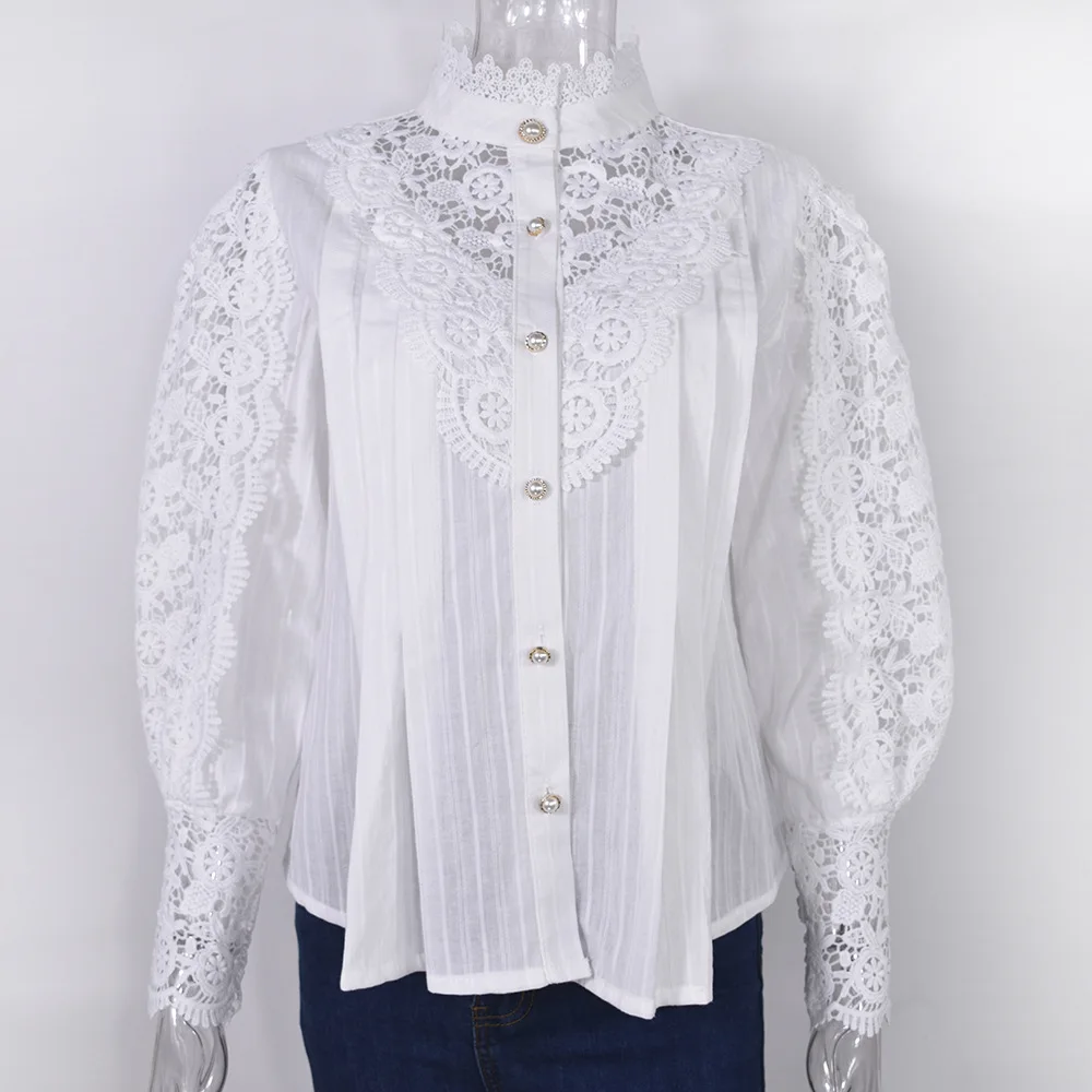 Women Stand Collar Lace Patchwork Shirts Casual Hollow Out Flower Petal Sleeve Buttonw Solid Tops white shirts for women Blue