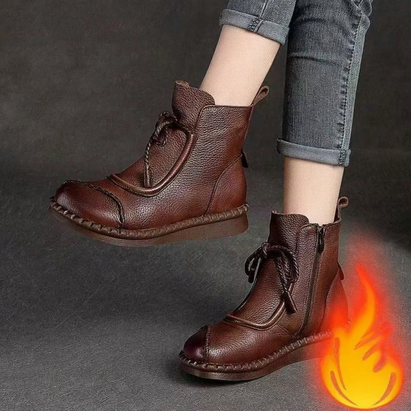 Stivaletti piatti vintage da donna per l'autunno/inverno - Stivali comodi in morbida pelle, stivali caldi foderati in peluche con cerniera laterale con lacci