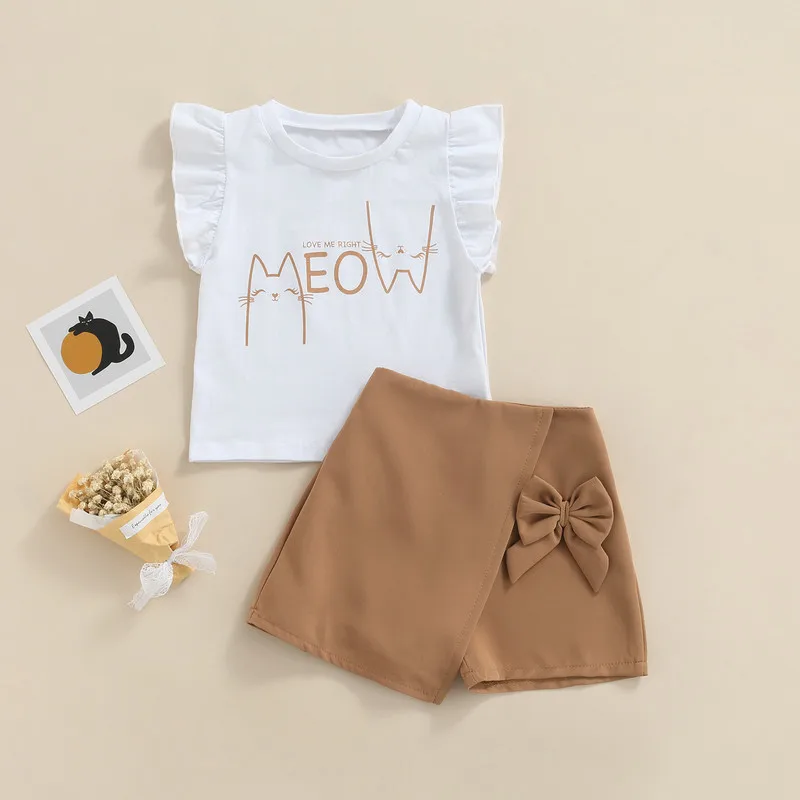 Children Kid Girl Short Sets Summer Clothes 2023 Outfits Fly Sleeve Cartoon Letter Tops Solid Color Bow-Knot Decor Skirts Set